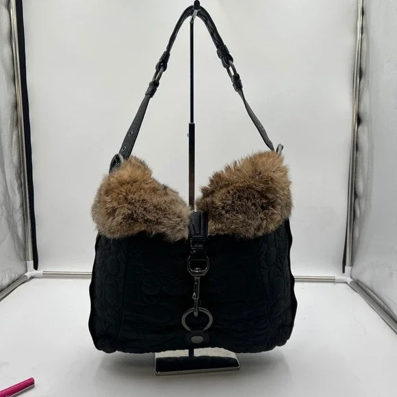 Coach Vintage Black Quilted Fur Trimmed Shoulder Bag Hobo Purse - Picture 2 of 16